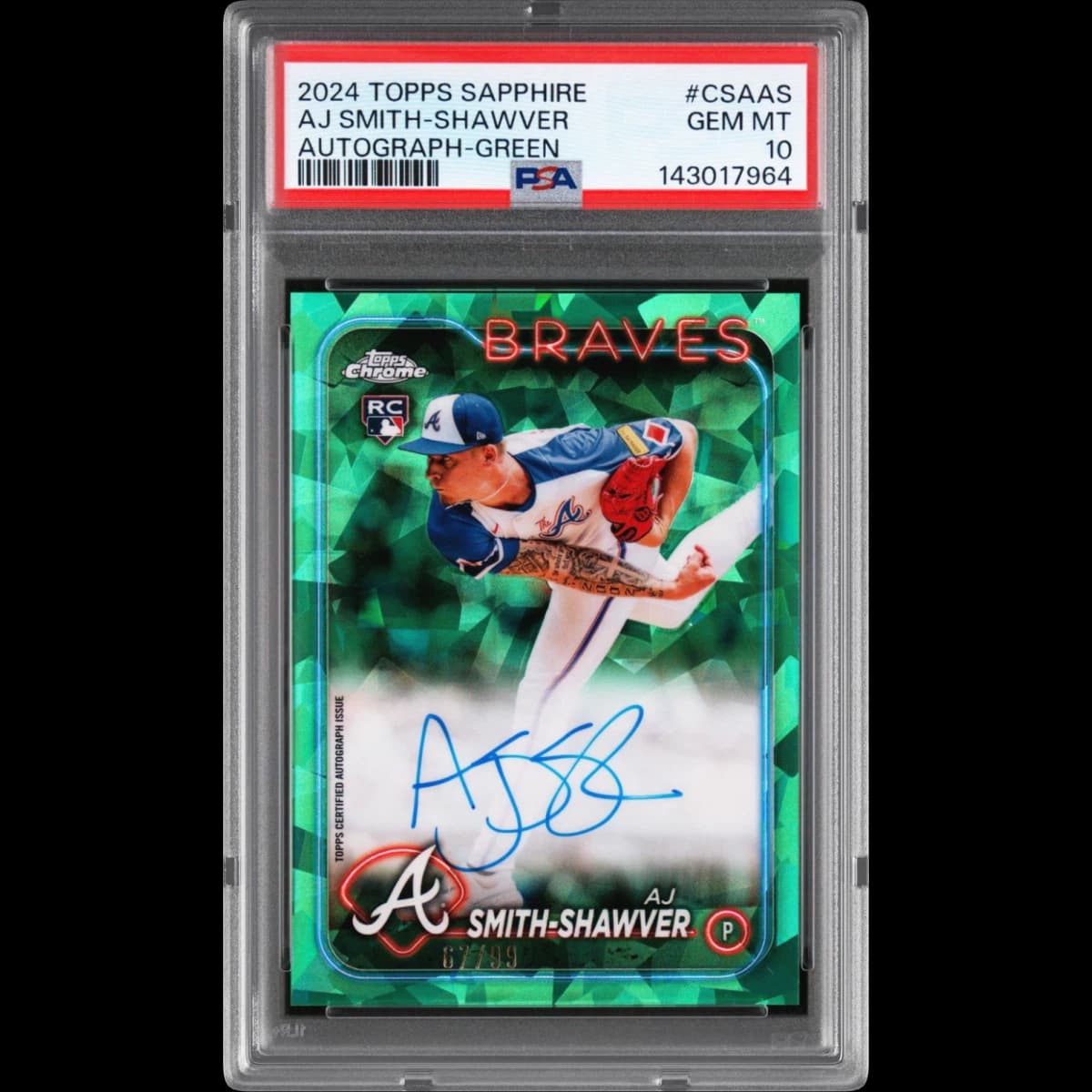 2024 Topps Chrome Sapphire Chrome Sapphire Autographs #CSAAS AJ Smith-Shawver - Green (PSA 10 GEM MINT)