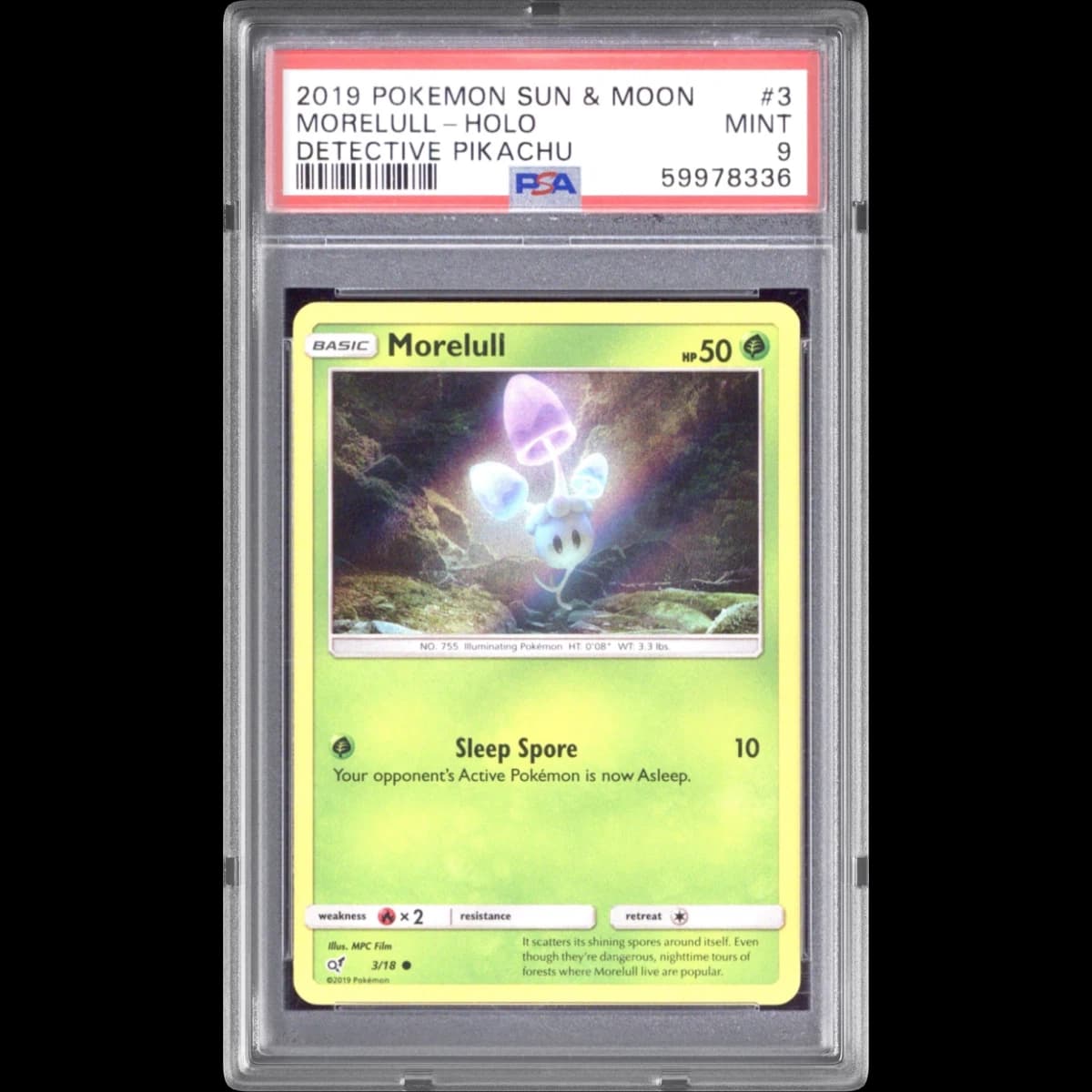 2019 Pokémon Sun & Moon Detective Pikachu #3 Morelull - Holo (PSA 9 MINT)