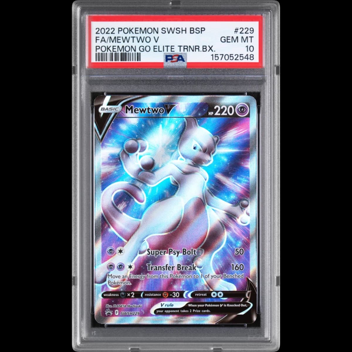 2022 Pokémon Swsh Black Star Promo #229 Mewtwo V - Holo Full Art Pokemon Go Elite Trainer Box (PSA 10 GEM MINT)